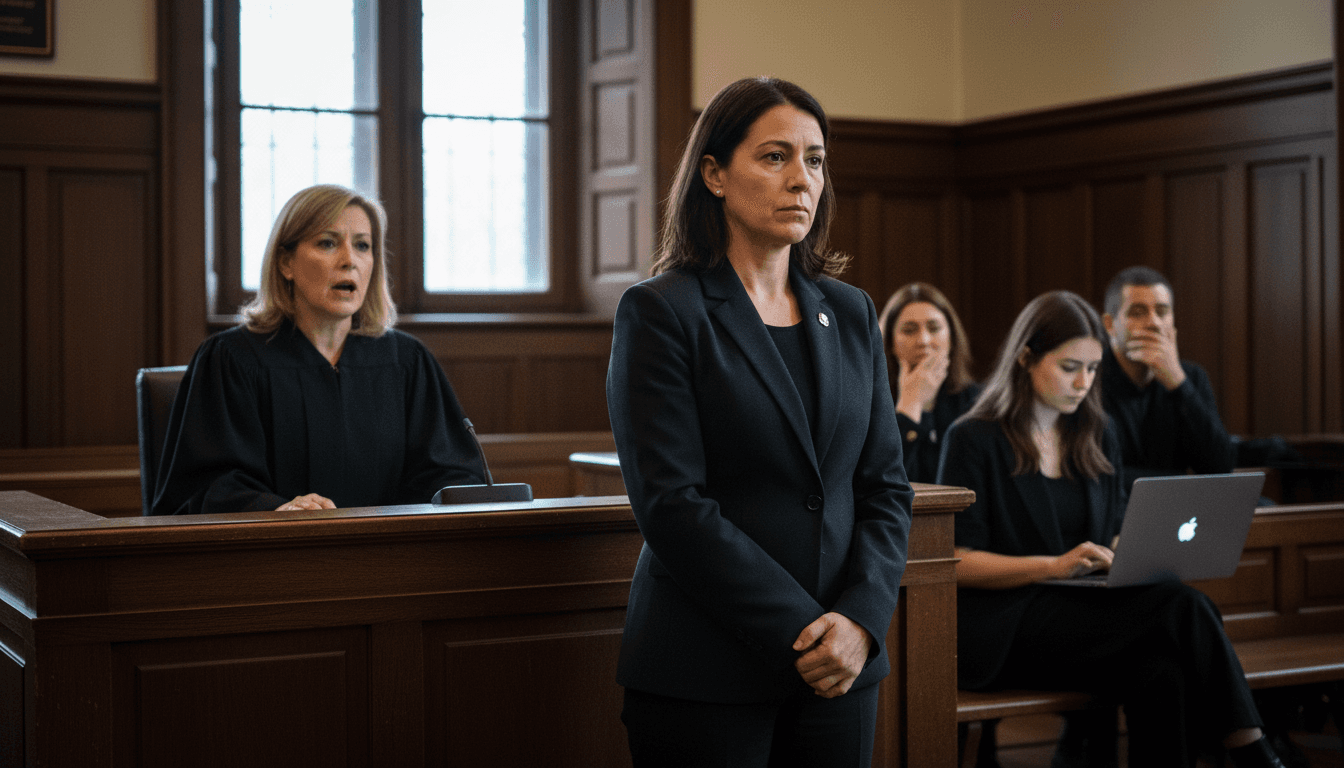 Elena Moreno Sanchez in a courtroom setting, facing judgment for a dramatic headstone scam.