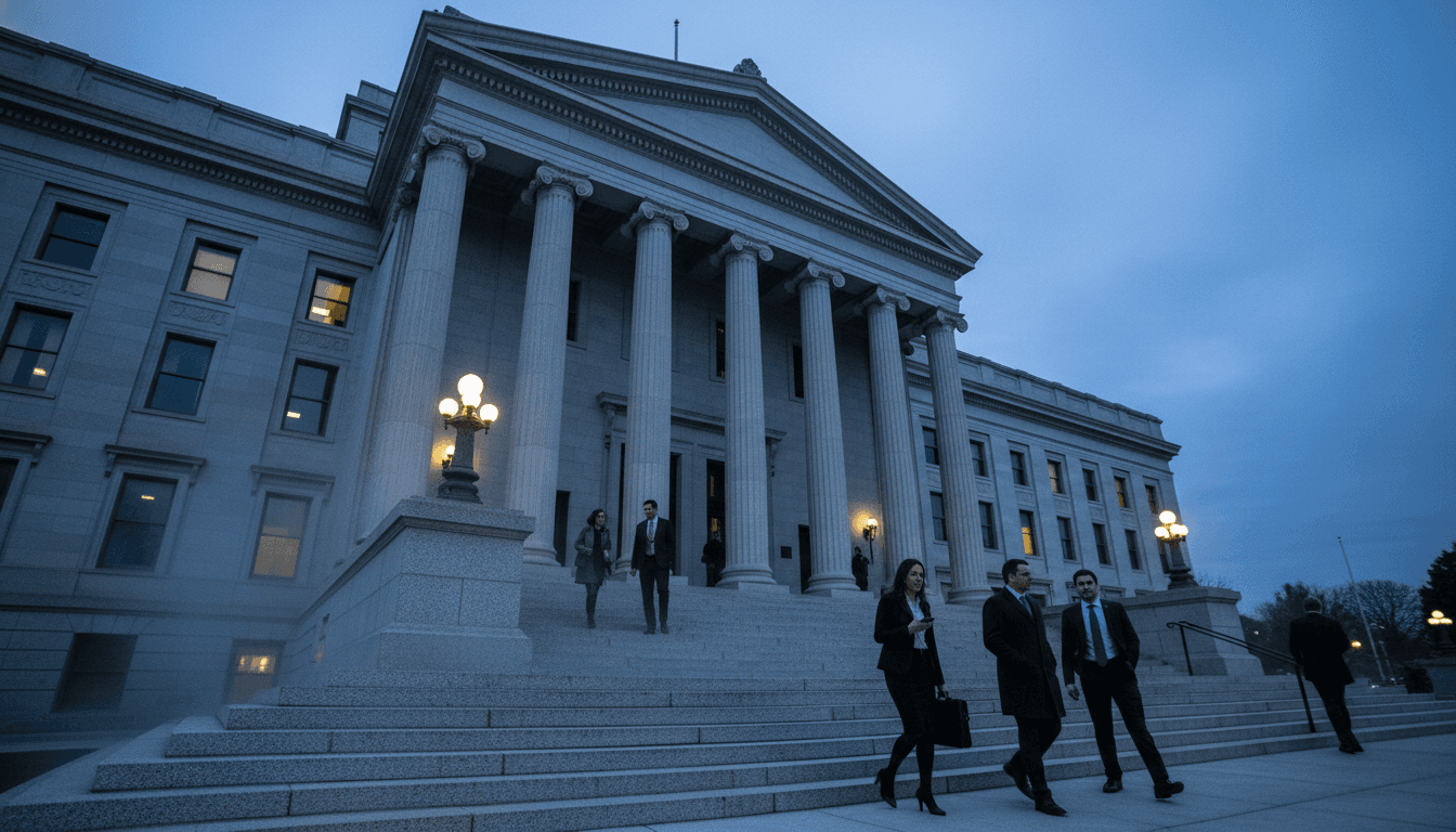A wide shot of the exterior of a federal courthouse, emphasizing the solemnity and authority surrounding the Dugan verdict.