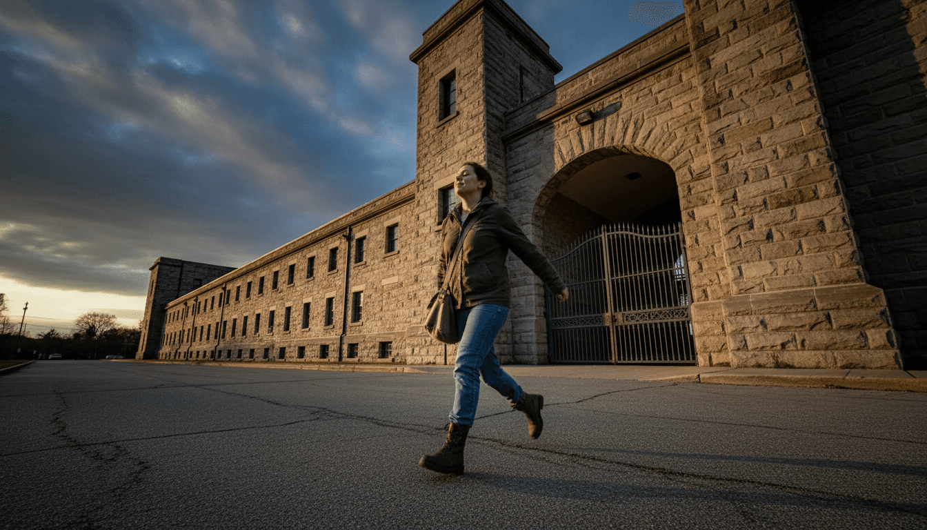 A man walks out of a correctional institution, framed against a bright sky, symbolizing a landmark juvenile sentence release.