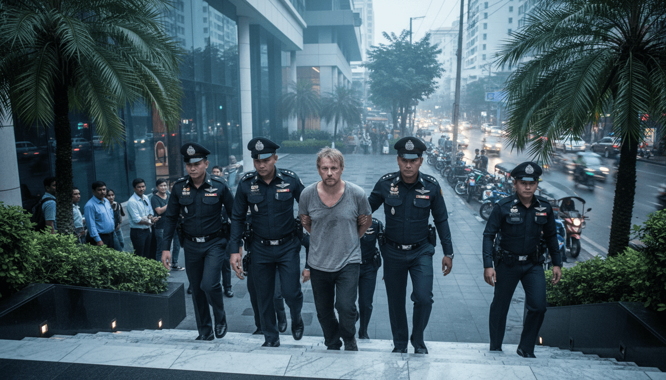 Thai immigration police officers escorting a handcuffed German national, the 'online Bond villain', from a luxury condominium building in Bangkok following his dramatic Bond villain arrest in Bangkok.