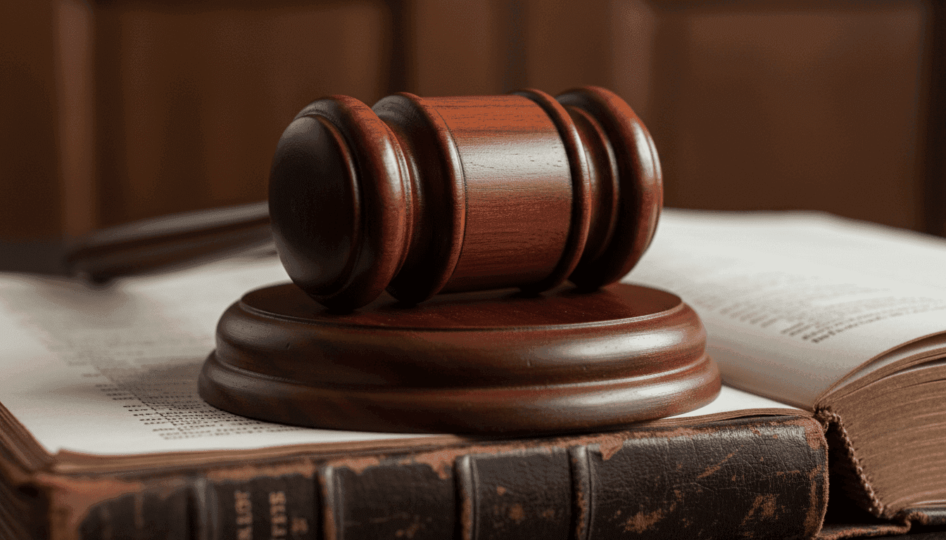 A close-up of a meticulously carved wooden gavel resting on a leather-bound law book, symbolizing the finality of the death sentence upheld.