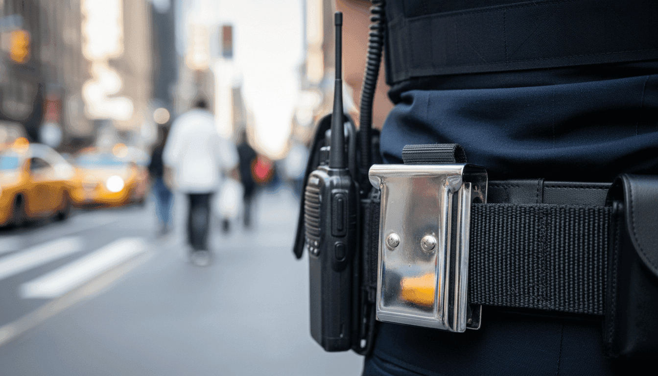 A close-up shot of a police officer's utility belt with a walkie-talkie and handcuffs, symbolizing the heightened security across Dharwad.
