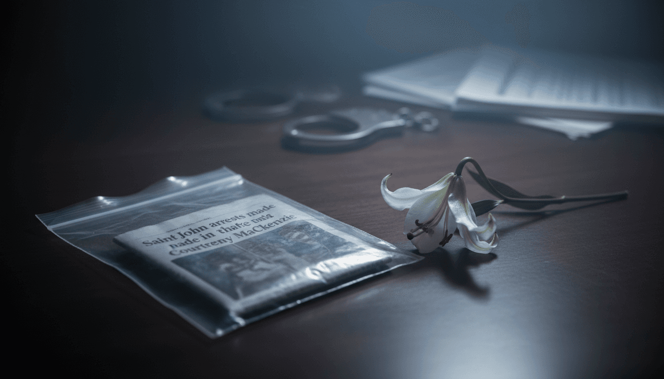 A police evidence bag containing a newspaper clipping about the Saint John arrests in the Courtney MacKenzie death, resting on a polished wooden desk.