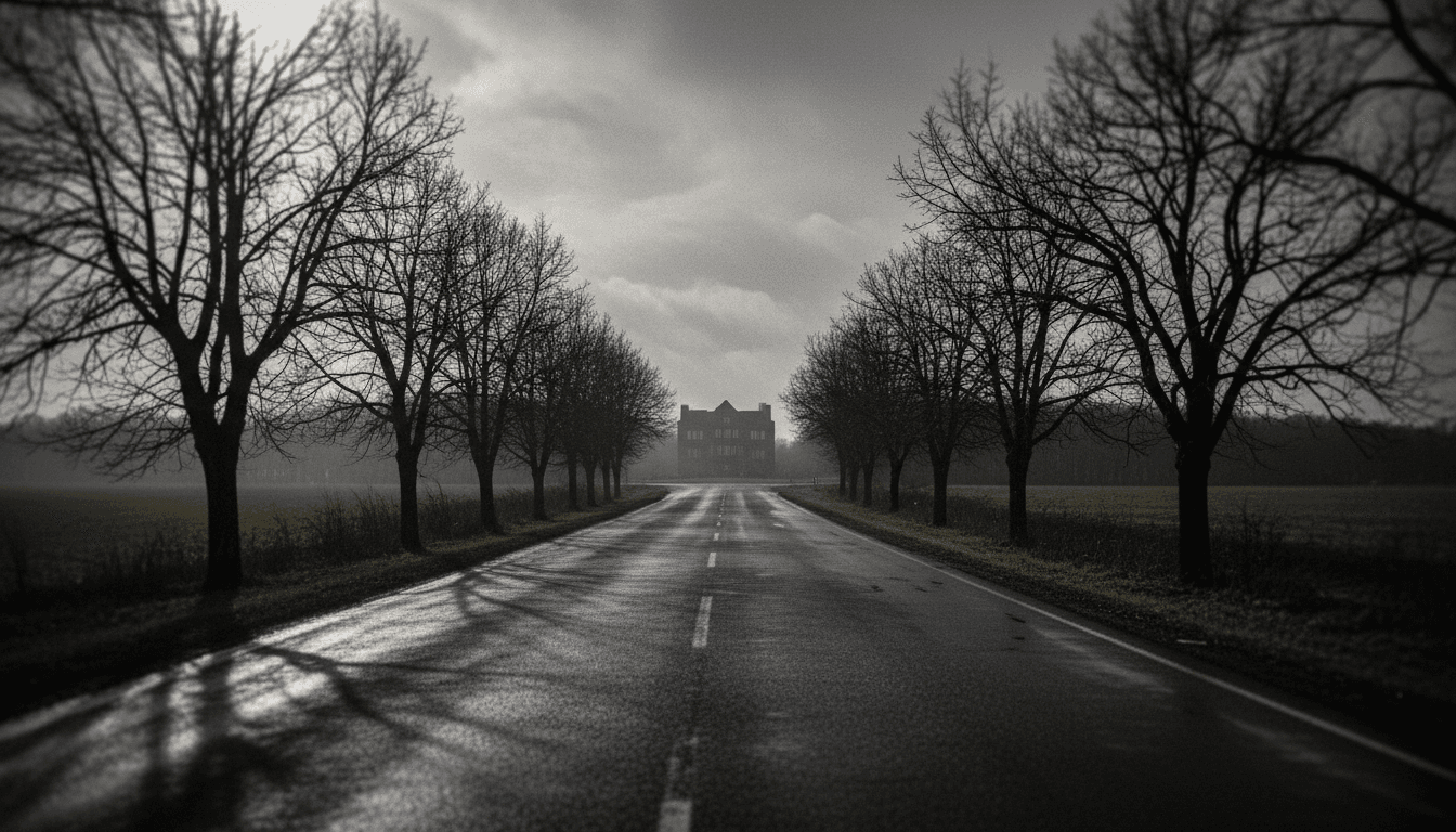 A desolate, rain-slicked road leading to a closed Colorado funeral home owner's establishment under a grey, overcast sky.