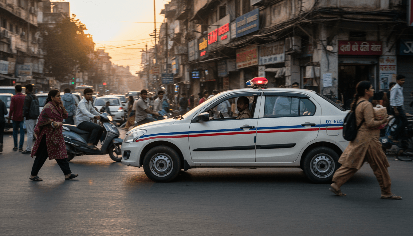 A police vehicle with flashing lights parked on a busy Delhi street at dusk, indicating a Delhi YouTuber arrest.