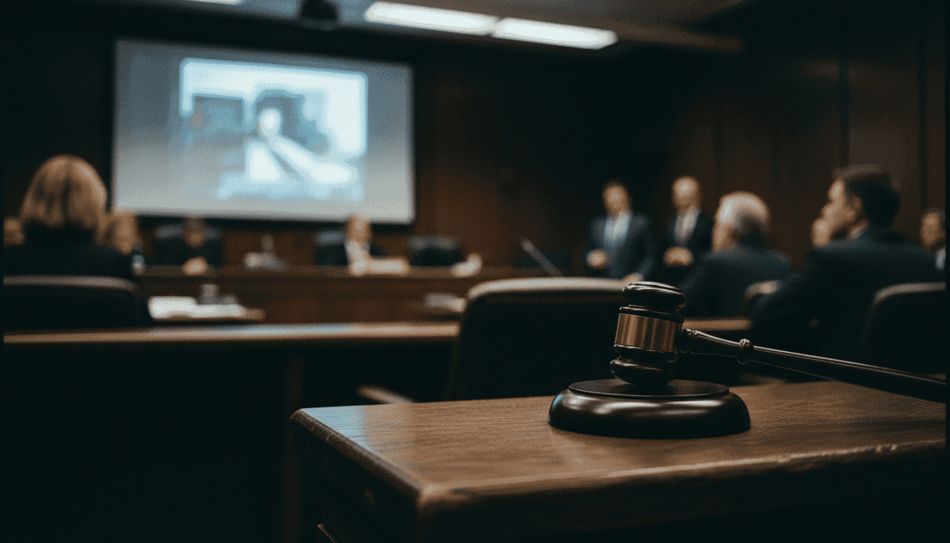 A close-up of a courtroom evidence screen displaying a blurred image of surveillance footage, with text overlay indicating 'Video Evidence' and a partial view of a judge's gavel on the bench, symbolizing the moment Lyson Cacho pleads guilty.