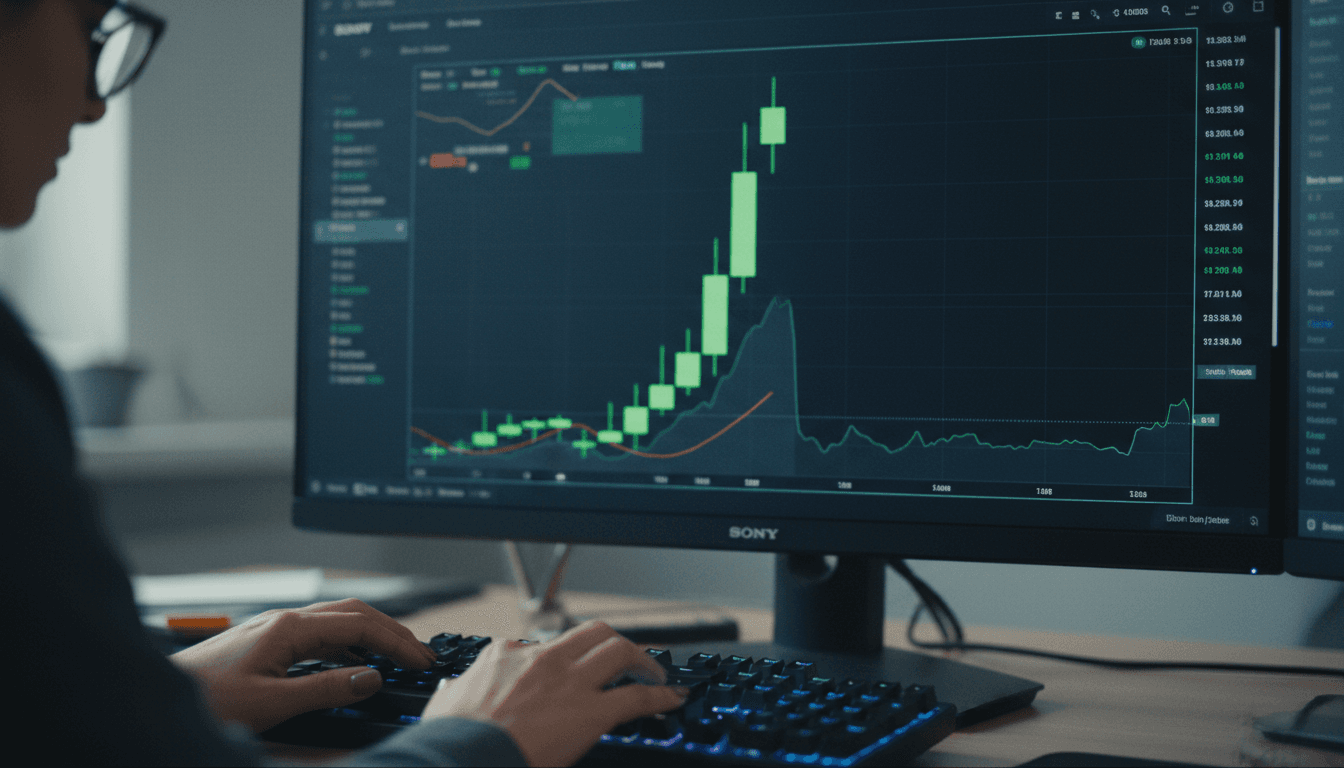 A close-up of a digital candlestick chart on a screen, with a prominent green upward trend line representing Bitcoin's price movement, contrasting with smaller, flatter lines for gold and stocks, illustrating how Bitcoin outperforms gold after shocks.