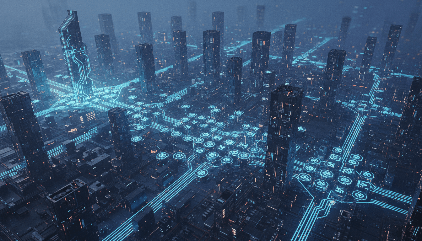 An aerial view of a sprawling, interconnected digital city at dusk, representing the complex and oversupplied crypto token problem.