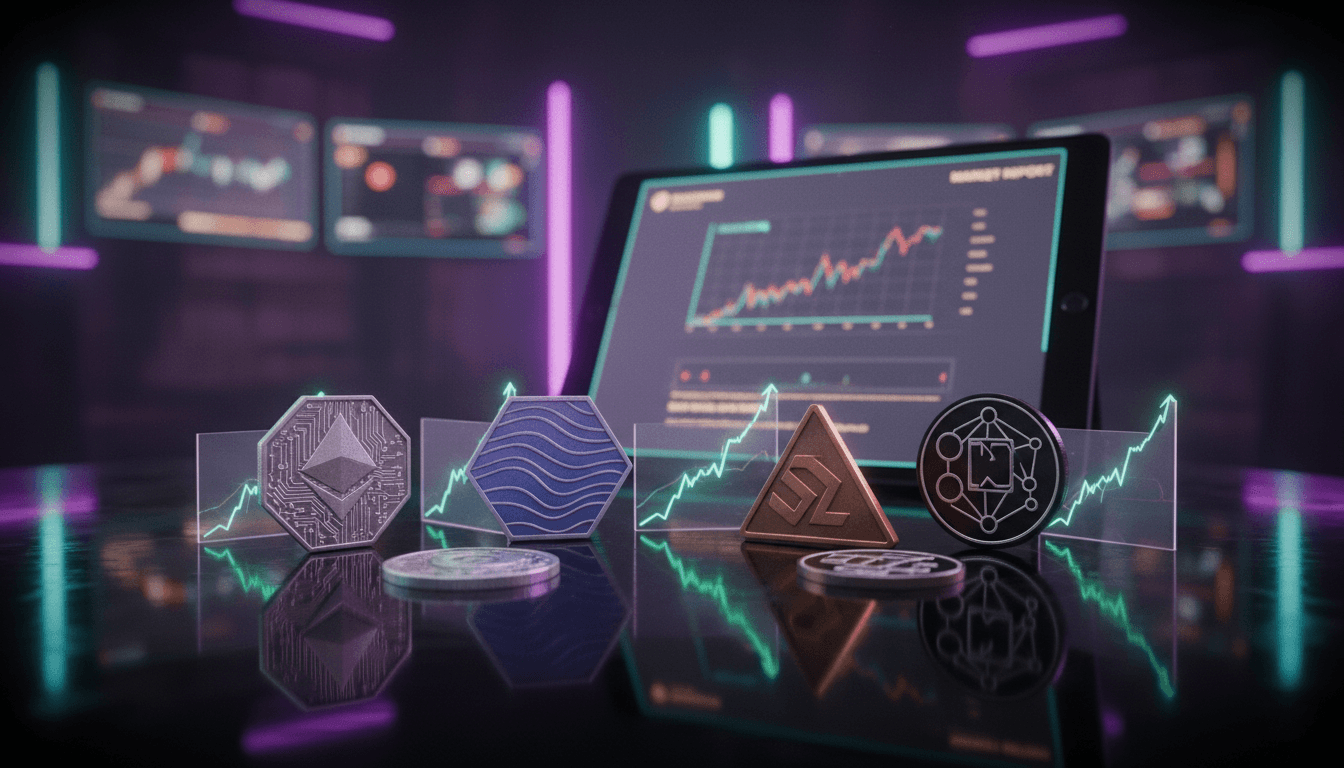 A meticulously arranged still life composition of various altcoin logos on polished digital screens, with abstract blockchain network lines subtly connecting them, emphasizing altcoin resilience signals 'compelling entry points'.