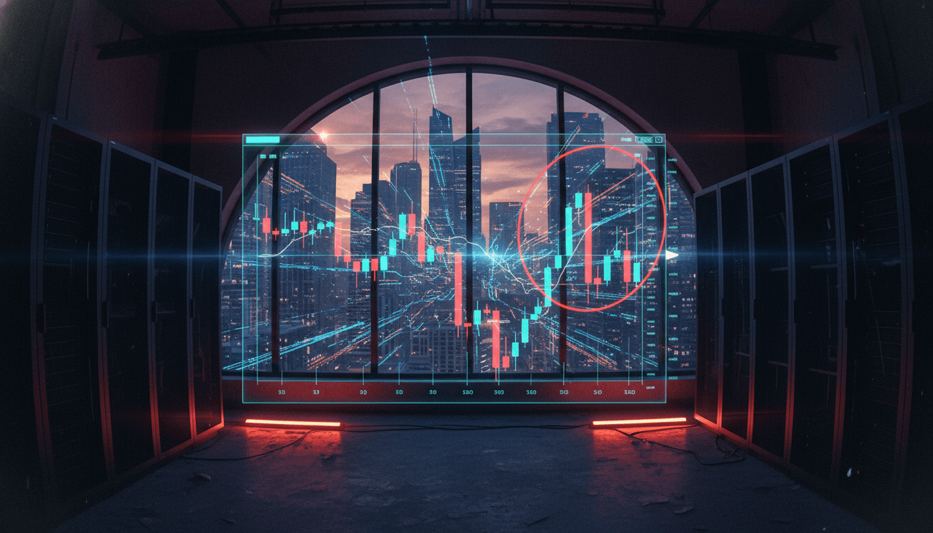 A digital chart showing a downward trend in Bitcoin price-drop speculation, with red candles indicating falling values and a clear support line being tested.