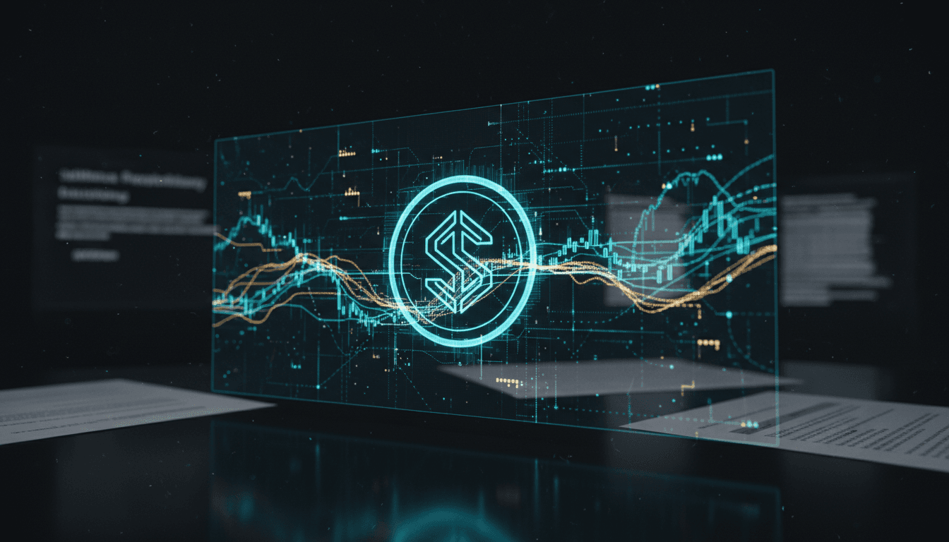 Close-up of a digital ledger displaying 'Stablecoin Issuers Closer to U.S. Federal Rules' on a screen in a modern office.