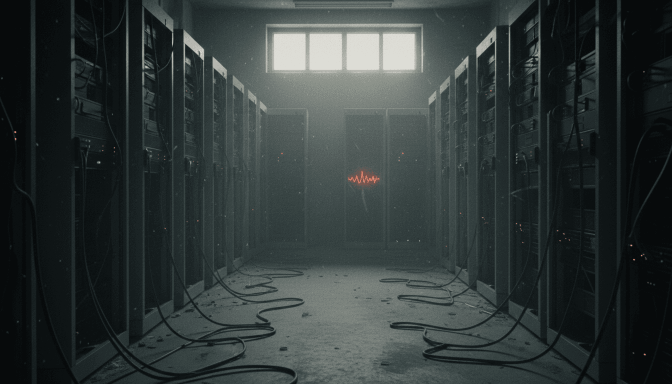 A darkened, empty server room with rows of inactive Bitcoin mining rigs, symbolizing Iran's Bitcoin hashrate plummets.