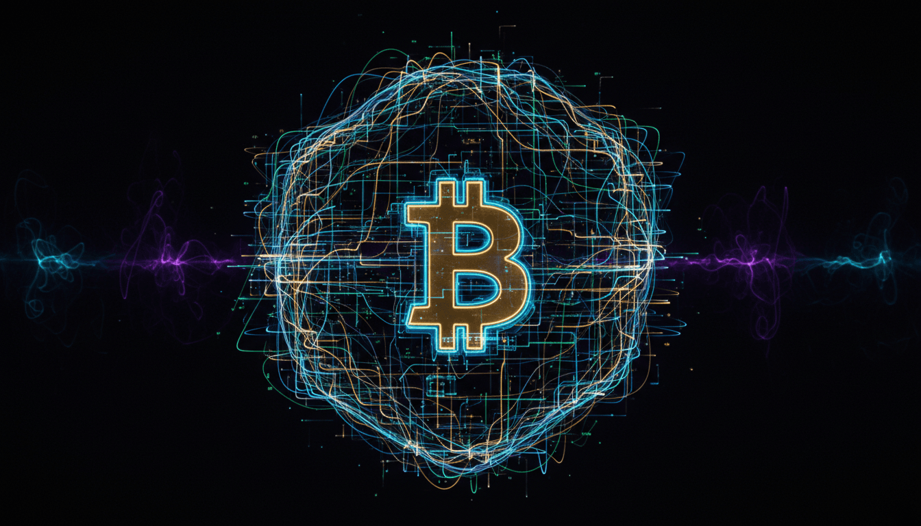 A futuristic, secure digital lock represented by glowing lines, with a faint Bitcoin logo integrated into its design, symbolizing the resilience against a Bitcoin quantum threat.