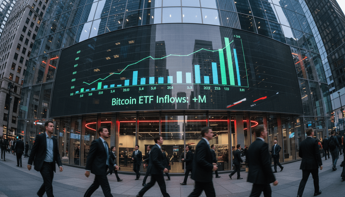 A street-level candid shot of a digital billboard in a bustling financial district displaying the current Bitcoin price and a graphic indicating Bitcoin ETF inflows.