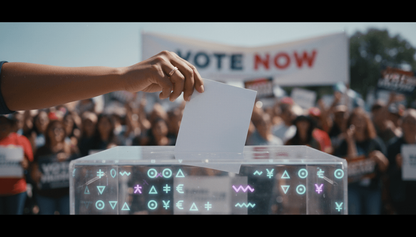 A detailed graphic of a ballot box with digital currency symbols superimposed, representing how a Crypto PAC targets Sherrod Brown's election.