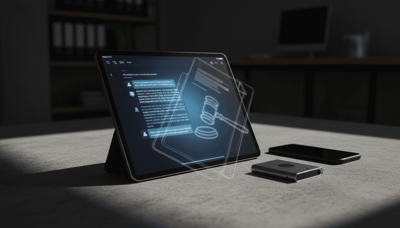 A close-up of a glowing, abstract AI chatbot interface on a dark screen, with subtle legal document overlays hinting at AI chatbot legal risks.