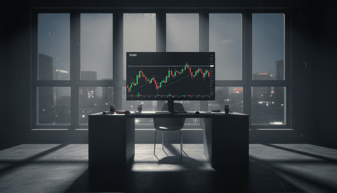 A digital representation of Bitcoin's price chart on a screen, with a prominent horizontal line indicating the $76,000 level, emphasizing that Bitcoin must hold $76K.