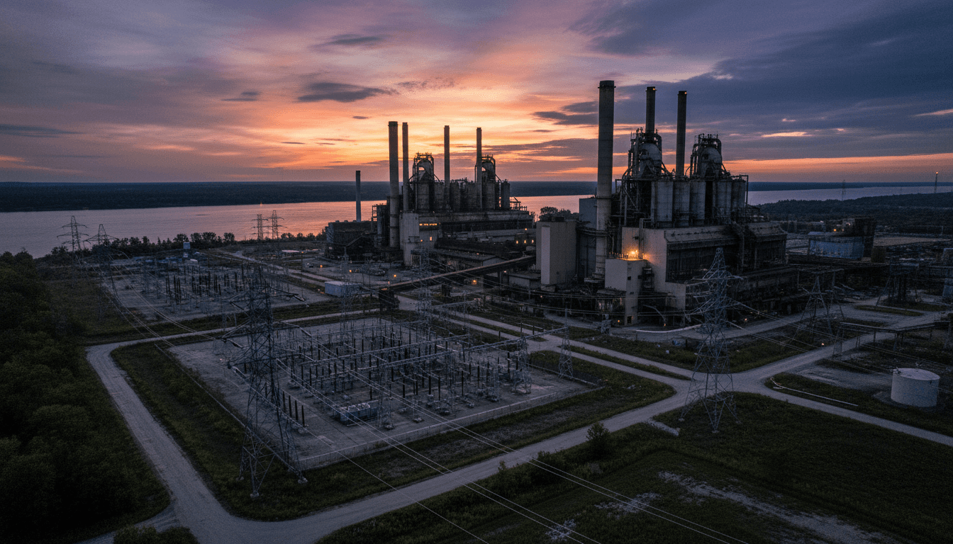 Aerial view of the sprawling Massena East smelter site where Alcoa sells dormant smelter to Bitcoin miner NYDIG, showing vast industrial buildings and adjacent power lines.