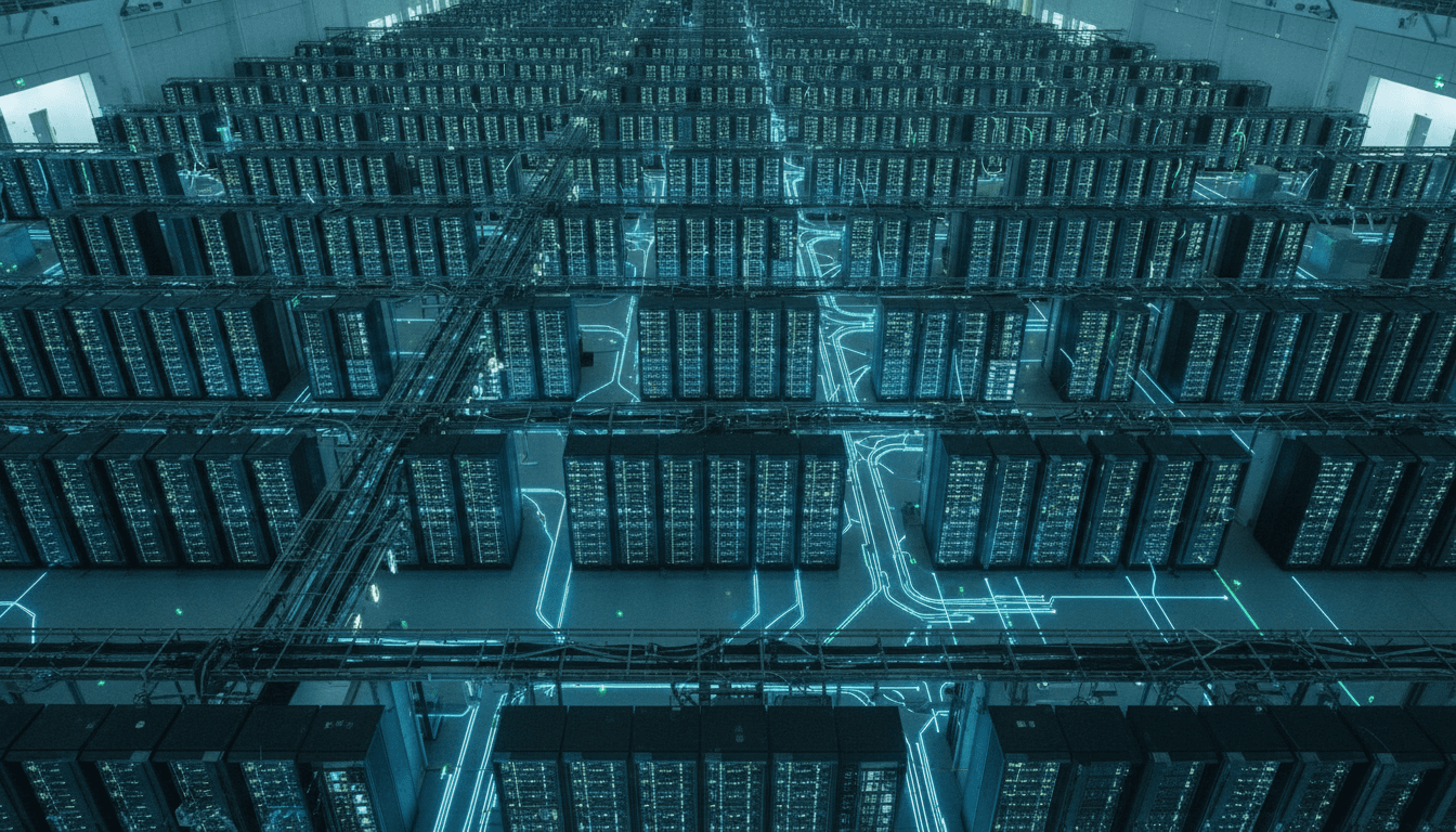 An aerial view of a bustling cryptocurrency exchange data center, showcasing rows of glowing servers and intricate network cables, symbolizing the upward trend as Bitcoin price climbs.