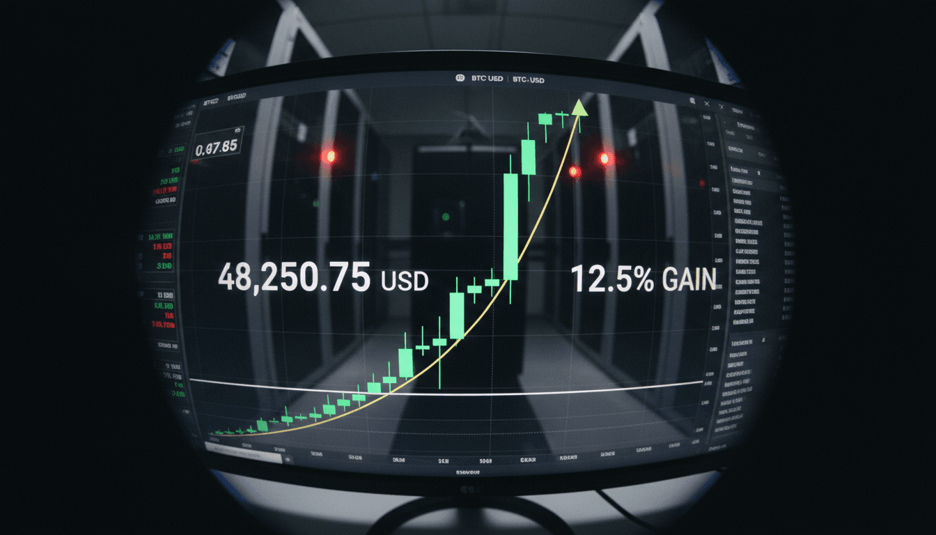 A close-up shot of a digital candlestick chart on a screen, showing a green candle indicating a Bitcoin price rebounds from a support line.