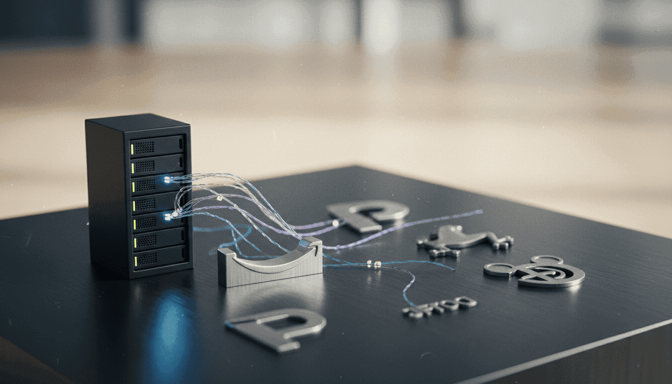 A detailed still life composition featuring miniature server racks alongside a small Amazon logo, representing the key tech stock picks from UBS analysts.