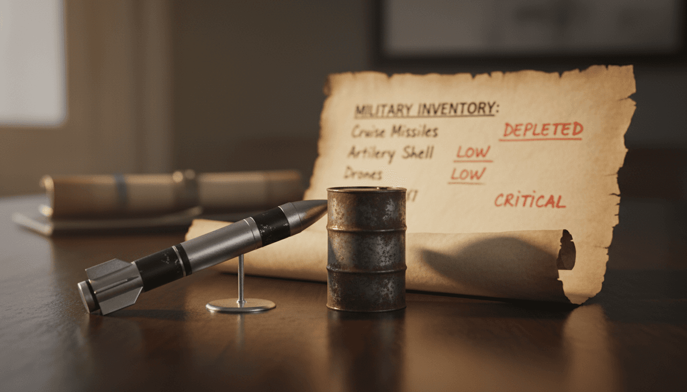 A detailed still life composition depicting elements of the Critical Iran War, including miniature missiles, an oil barrel model, and a military inventory checklist.