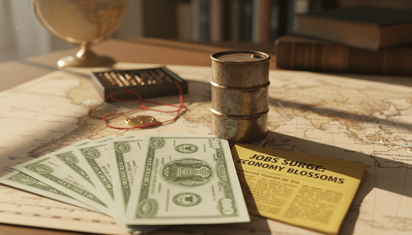 A still life composition featuring a stack of U.S. Treasury bonds, a newspaper headline about jobs data, and a miniature oil barrel, symbolizing alarming inflation fears for retirees.