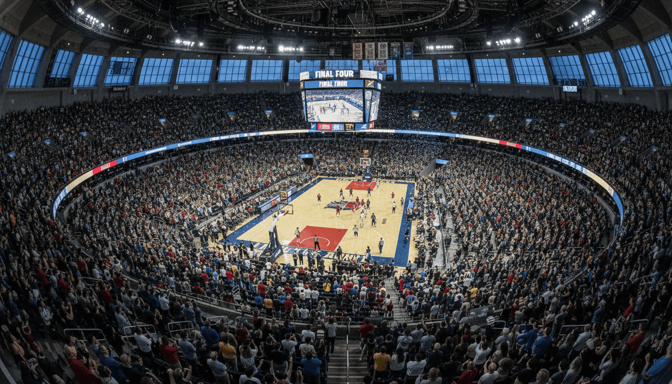 An aerial perspective of a packed college basketball arena during a critical March Madness game, highlighting the vibrant atmosphere around significant college basketball NIL earnings.