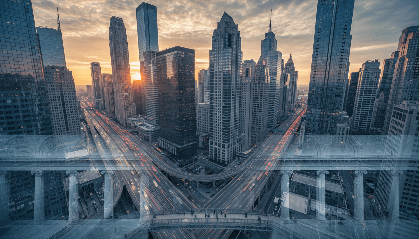 An aerial view of a bustling financial district at dawn, symbolizing the potential for a stock market rebound amidst global uncertainties.