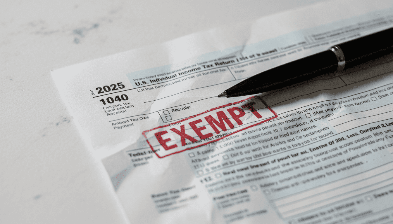 A close-up of a '2025 Form 1040 U.S. Individual Income Tax Return' with a red 'EXEMPT' stamp prominently displayed across the payment section, symbolizing Americans opting out of tax payments.