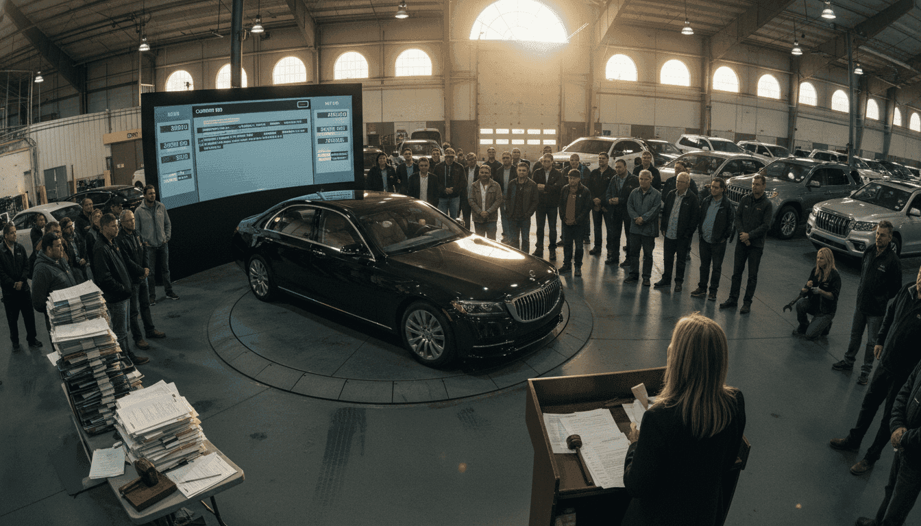 A bustling used car auction lane with various vehicles on display, as used vehicle wholesale prices jumped, with dealers actively bidding on screens and a large digital price board in the background.