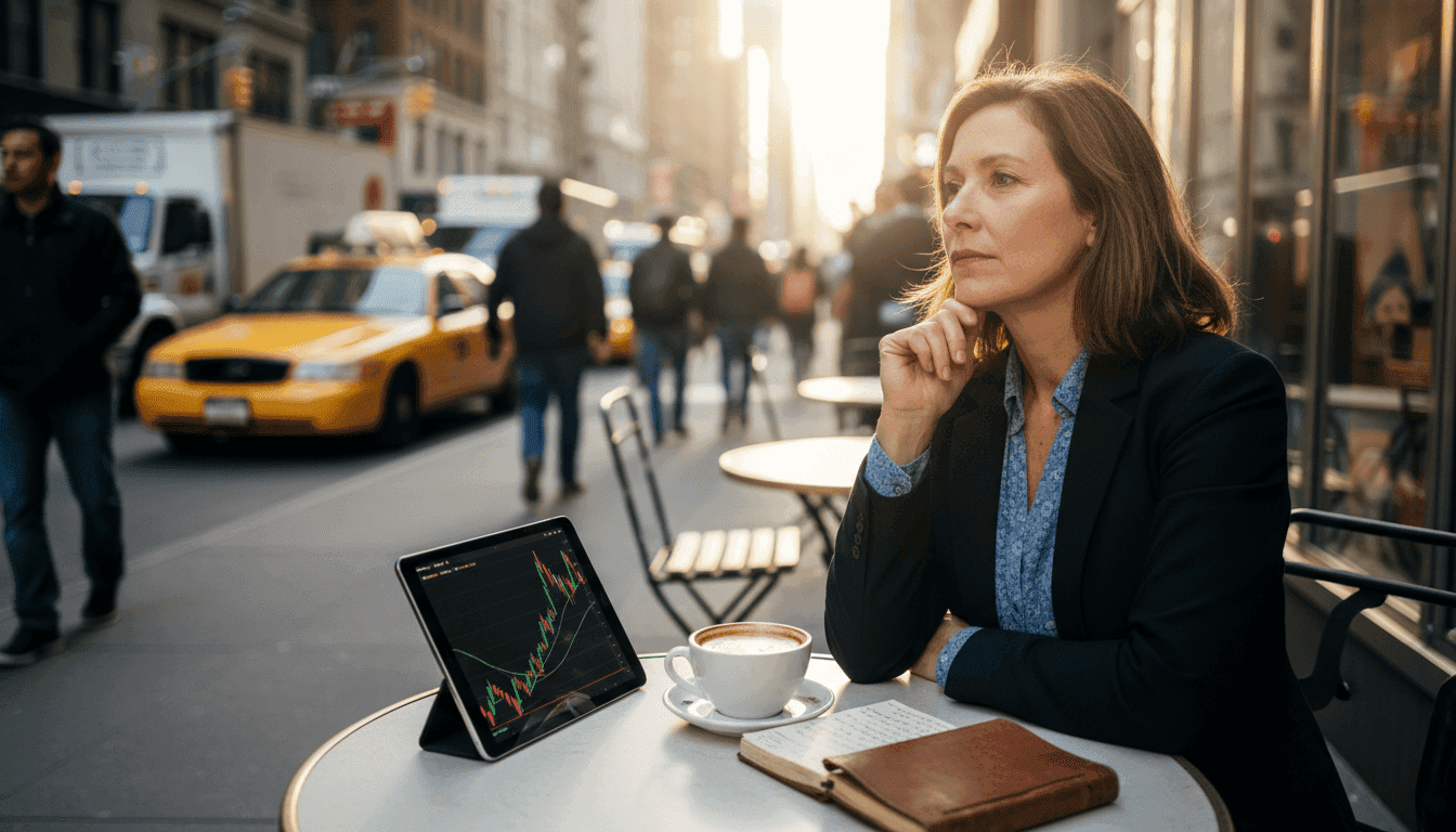 A 50-year-old man, looking thoughtful, sits at a cafe table with a coffee cup, a tablet displaying financial charts, and a small notebook, pondering his ability to Can I retire at 55.