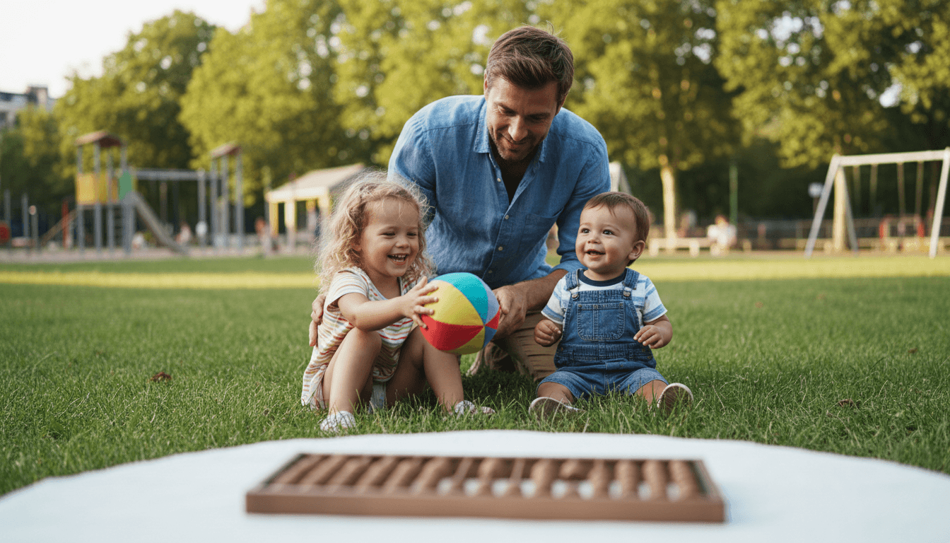 A father and his two young children, aged five and two, playing happily in a sunlit park, symbolizing the decision to stop working early for family time.