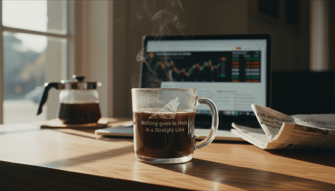 A glass mug featuring a howling wolf and the Wolf Street dictum, 'Nothing goes to Heck in a Straight Line,' symbolizing urgent Wolf Street donations.