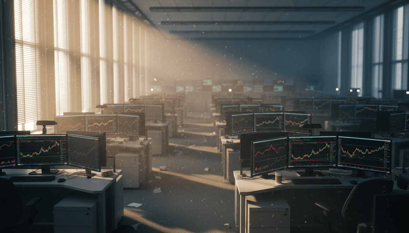 An empty trading floor reflecting a potential stock market crisis and opportunity
