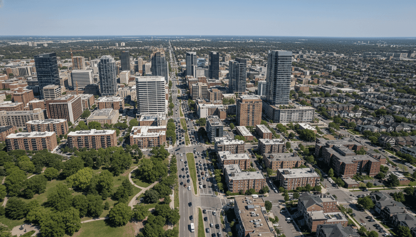 Aerial view of a vibrant downtown area, showcasing the growth of new grad job markets with modern buildings and green spaces.
