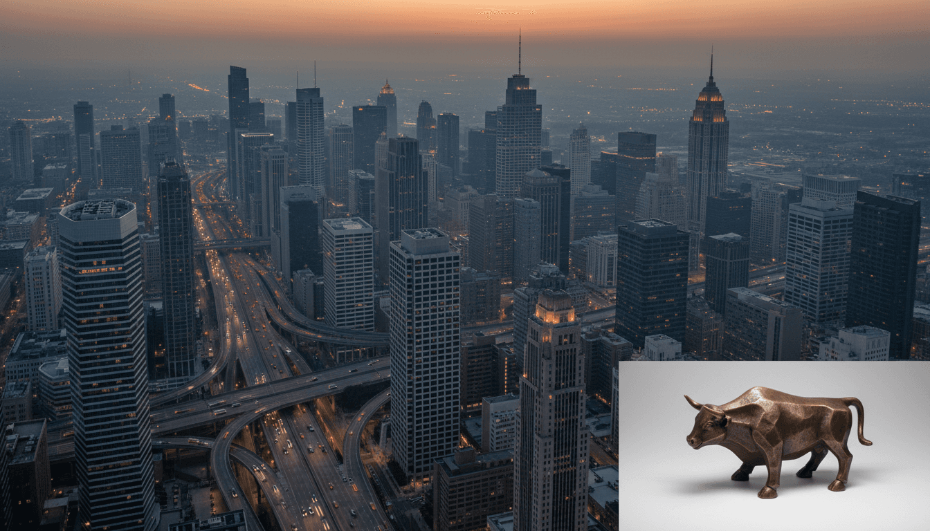 Aerial view of a bustling U.S. city skyline at dusk, with visible economic activity, symbolizing how the U.S. economy sags amid Iran war uncertainty.
