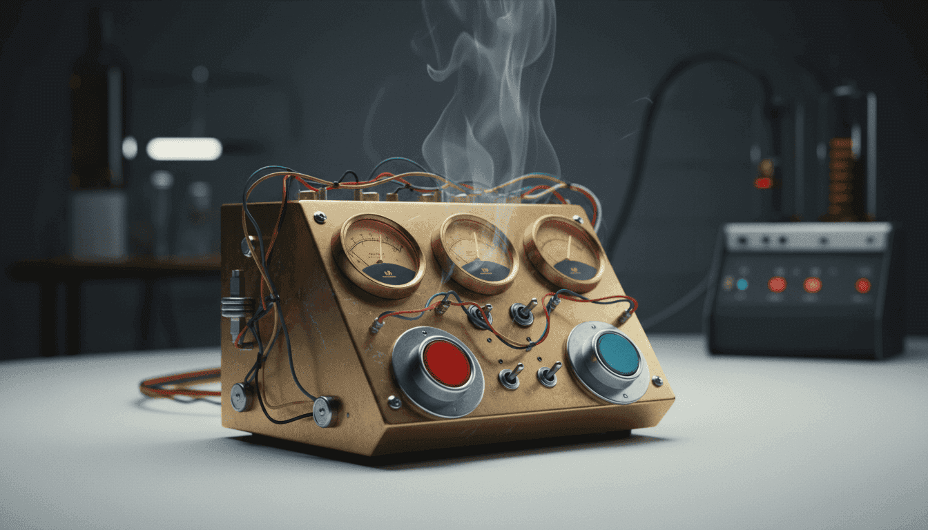 A close-up of an ornate, retro-futuristic device called an 'Augmentor' with glowing dials and wires, symbolizing the dream manipulation in The Lathe of Heaven.