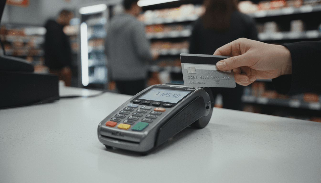 A close-up of a credit card being swiped through a point-of-sale terminal, symbolizing the recent retail sales jump.