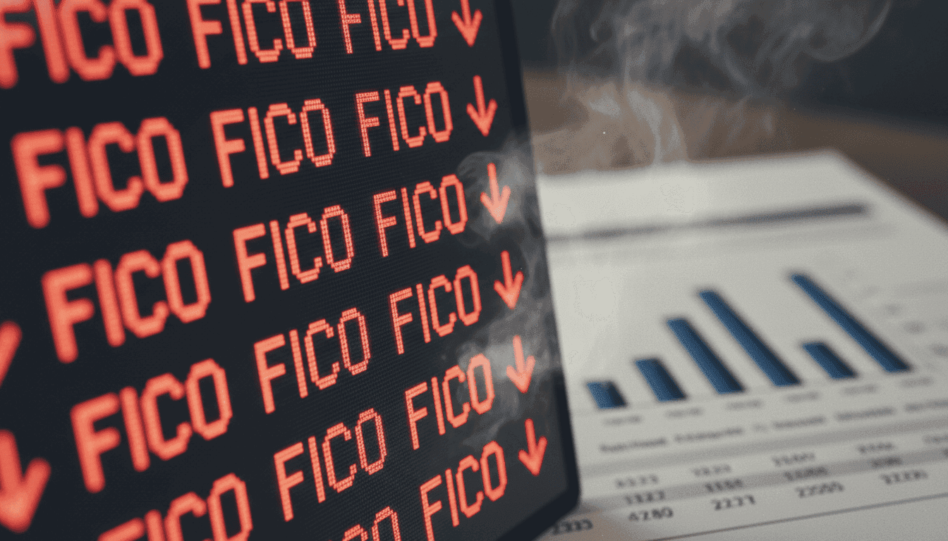 A close-up of a stock market ticker displaying 'FICO stock tumbles' in red, with a subtle blur of a credit score report in the background.