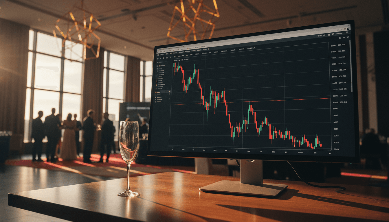 A digital screen displaying a cryptocurrency chart showing a sharp decline, with a subtle overlay of a stylized elephant, symbolizing Trump's meme coin plummets.