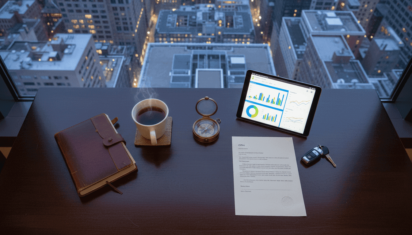A split image showing a tranquil home office setup on one side and a bustling city office with data visualizations on screens, representing the choice of a data analytics job.