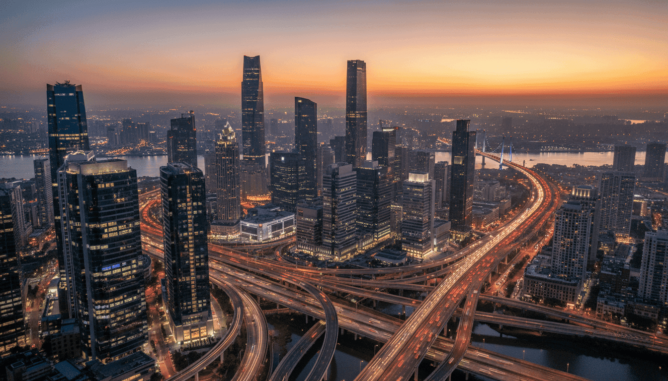 An aerial view of a bustling financial district with skyscrapers, highlighting the complex infrastructure supporting the private credit market risks.