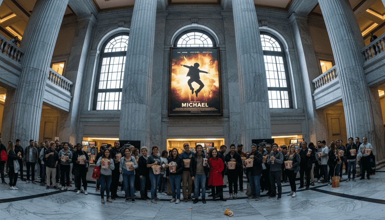 A bustling movie theater lobby on opening weekend, with a large poster for the Michael Jackson biopic box office hit "Michael" prominently displayed.