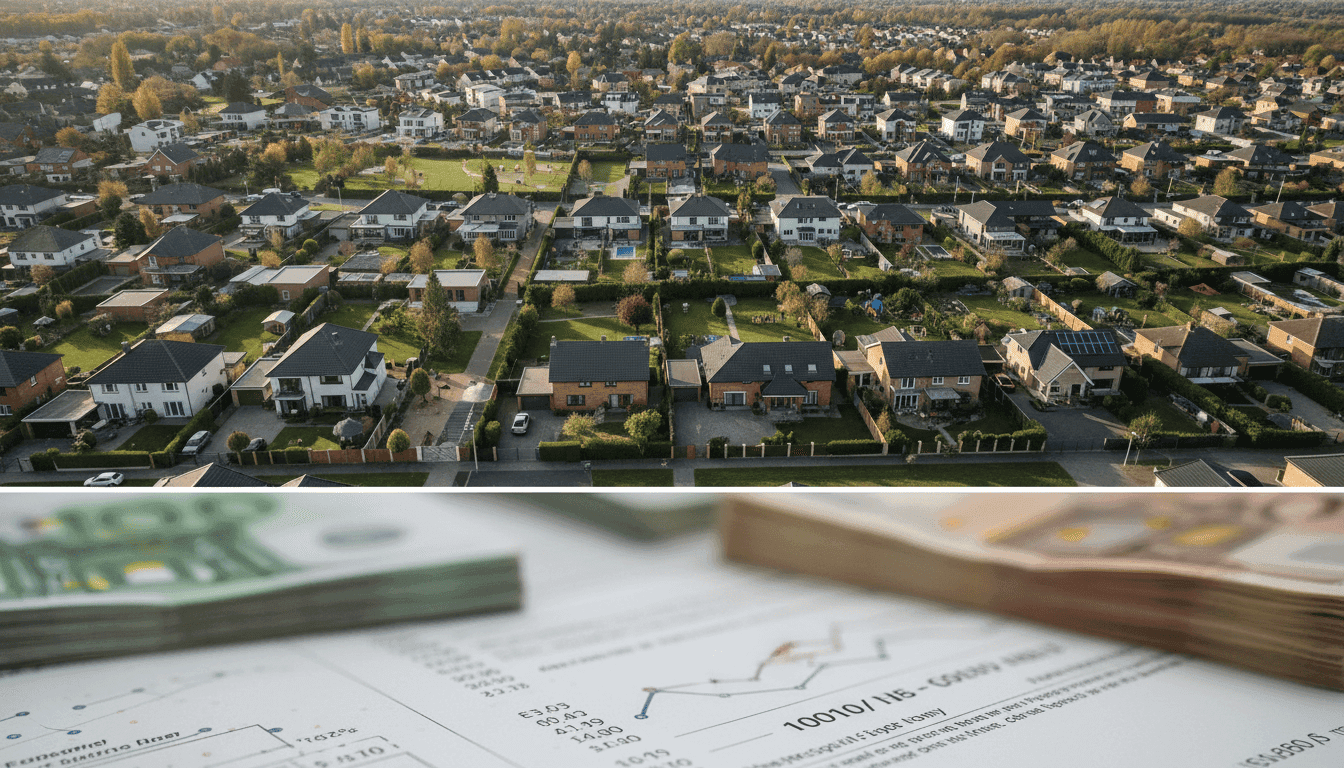An aerial view of a diverse suburban neighborhood, symbolizing the varied financial approaches as couples' finances shift between joint and separate accounts.