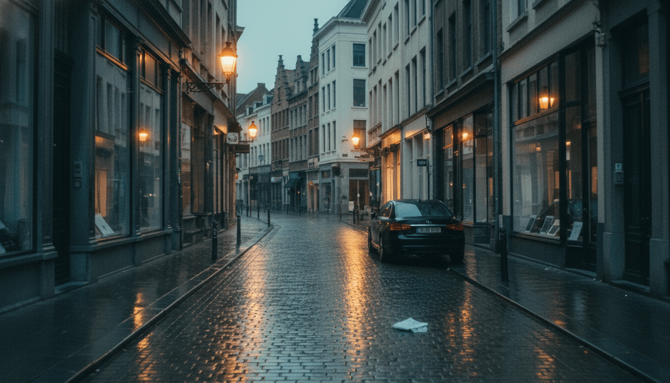 A rainy street in Antwerp with blurred lights, conveying a somber and urgent mood.