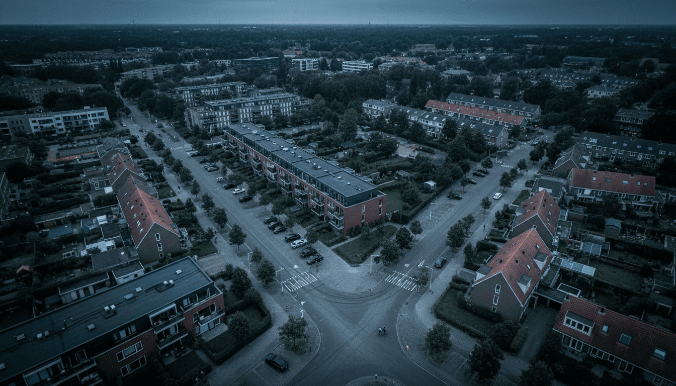 Aerial view of a sprawling Dutch residential area, with several modern apartment buildings and a grid of streets, symbolizing the widespread reach of online fraud.
