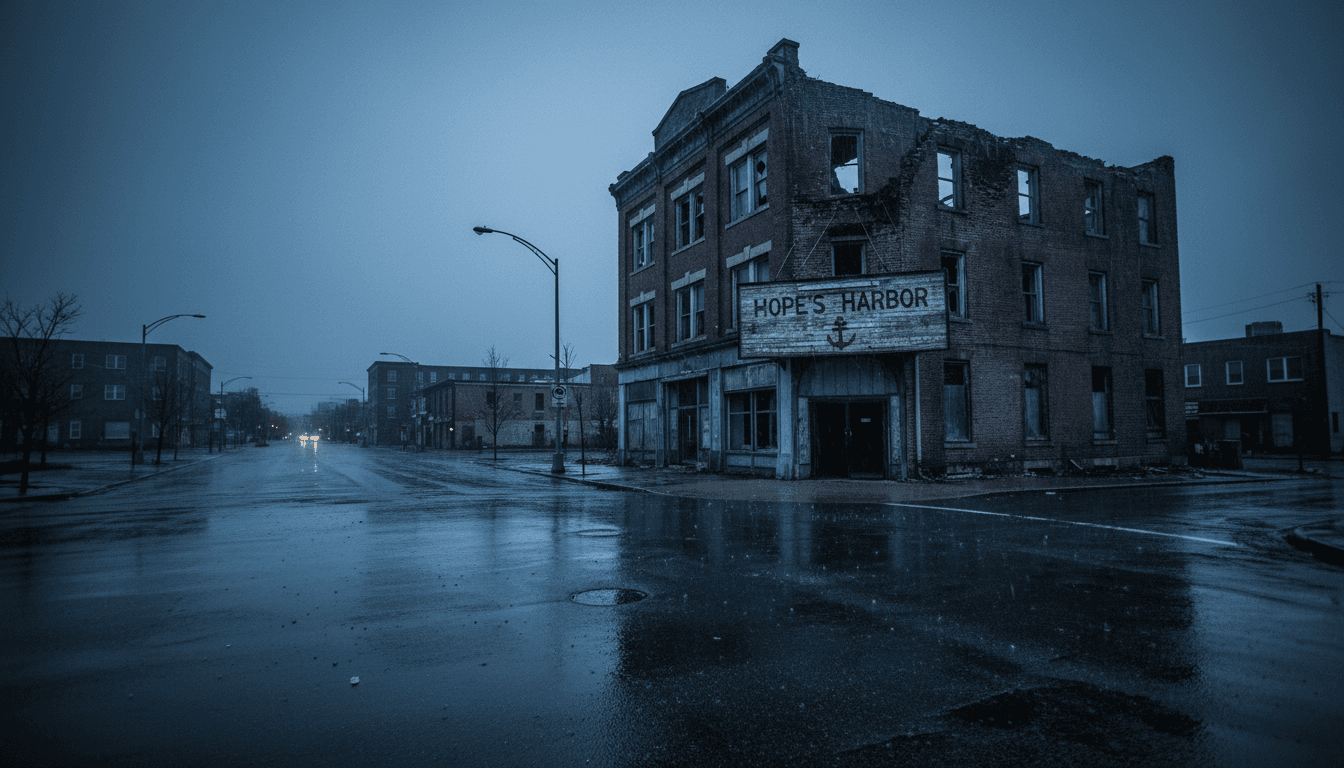 An empty, dilapidated building in a rain-swept urban area, with a broken sign that dimly reads 'Abundant Blessings'. The scene is dark and somber, reflecting the betrayal of trust and the squandered funds meant for the vulnerable.