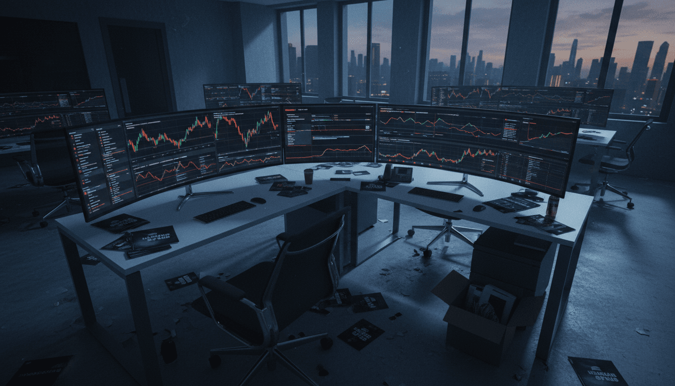 Empty, modern office space with cryptocurrency charts on screens, a 'Nanocoin' logo subtly visible on a digital display, and scattered promotional materials for 'CryptoTrain' and 'Nanoclub' on desks, suggesting a defunct or fraudulent operation.