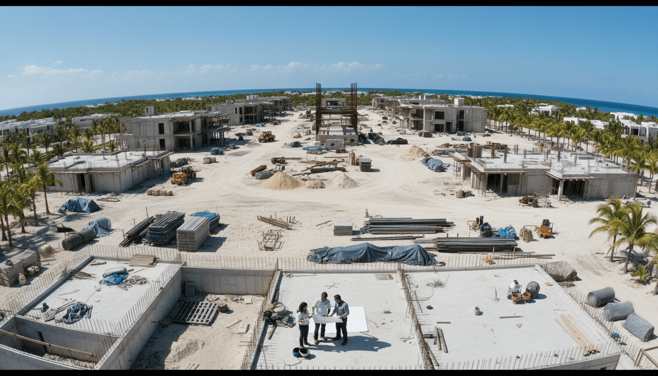 An empty, partially constructed luxury resort in the Caribbean, with scaffolding and unfinished buildings under a bright sun, symbolising the Harlequin Group's unfulfilled promises.